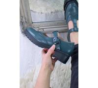 Ajvani Mid Block Heel Chunky Platform T-Bar Brogue Mary Janes In Teal Teal
