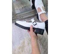 Ajvani Mid Block Heel Chunky Platform T-Bar Brogue Mary Janes In White White