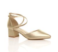 Ajvani Mid Block Heel Crossed Strap Pointed Toe Faux Leather 2 Part Heels In Gold Gold 7