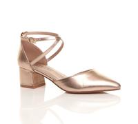 Ajvani Mid Block Heel Crossed Strap Pointed Toe Faux Leather 2 Part Heels In Rose Gold Rose Gold