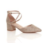 Ajvani Mid Block Heel Crossed Strap Pointed Toe Glitter Mesh 2 Part Heels In Rose Gold Rose Gold 7