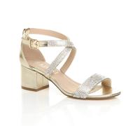 Ajvani Mid Block Heel Crossed Straps Diamante Heeled Sandals In Gold Gold 3
