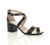 Ajvani Mid Block Heel Crossed Straps Faux Leather Heeled Sandals In Black Black 4