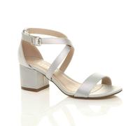 Ajvani Mid Block Heel Crossed Straps Satin Heeled Sandals In Silver Silver 6