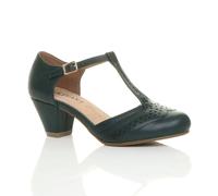 Ajvani Mid Cuban Heel Comfort T-Bar Brogue Faux Leather 2 Part Heels In Dark Green Dark Green