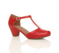 Ajvani Mid Cuban Heel Comfort T-Bar Brogue Faux Leather 2 Part Heels In Red Red 3