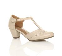 Ajvani Mid Heel Comfort T-Bar Brogue 2 Part Heels In Nude Nude