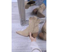 Ajvani Mid Heel Cowboy Pointed Toe Ankle Western Boots In Khaki Khaki