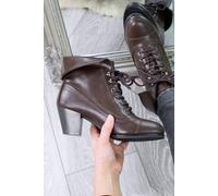 Ajvani Mid Heel Lace Up Granny Pixie Ankle Smart Boots In Brown Brown