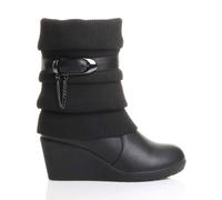 Ajvani Mid Wedge Heel Slouch Faux Leather Ankle Boots In Black Black