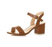 Ajvani Women Ladies Low Block Heel peep Toe Ankle Strap Strappy Party Sandals, Tan Matt, 3 UK
