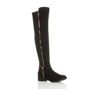 AJVANI Women's Elastic Gold Zip Over The Knee Boots in True Black | Size: 6