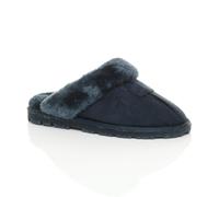 AJVANI Women's Faux Fur Lined Slip On Memory Foam Mules Slippers in Navy | Size: 3 AJVANI Navy 3