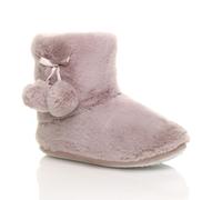 AJVANI Women's Flat Heel Pull On Pom Pom Faux Fur Slippers in Taupe | Size: 7 AJVANI Taupe 7
