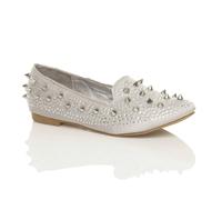 AJVANI Women's Flat Heel Studded Spike Diamante Loafers in Silver | Size: 4