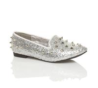 AJVANI Women's Flat Heel Studded Spike Diamante Loafers in Silver | Size: 4 AJVANI Silver 4