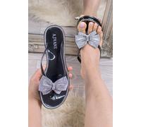 AJVANI Women's Flat Heel Toe Post Diamante Bow Sparkly Sandals in Black | Size: 3