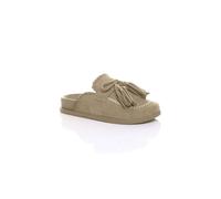 AJVANI Women's Flat Tassel Moccasin Mules Sandals Sliders in Beige | Size: 4