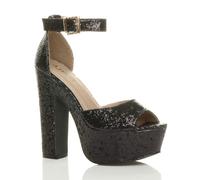 AJVANI Women's High Block Heel Ankle Strap Peep Toe Glitter 2 Part Heels in Black | Size: 4 AJVANI Black 4