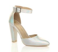 AJVANI Women's High Block Heel Ankle Strap Pointed Toe 2 Part Heels in Metallic Silver | Size: 4 AJVANI Metallic Silver 4