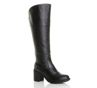 High Block Heel Chunky Biker Knee High Boots AJVANI Black 3
