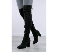 AJVANI Women's High Block Heel Elastic Lace Up Over The Knee Sock Boots in True Black | Size: 8