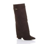 AJVANI Women's High Block Heel Pointed Toe Fold Over Knee Boots in Brown | Size: 6