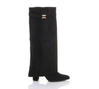 AJVANI Women's High Block Heel Pointed Toe Fold Over Knee High Boots in True Black | Size: 5 AJVANI True Black 5