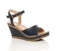 AJVANI Women's High Heel Ankle Strap Cork Sandals Faux Leather Wedges in Navy | Size: 4 AJVANI Navy 4
