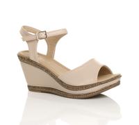AJVANI Women's High Heel Ankle Strap Cork Sandals Faux Leather Wedges in Nude | Size: 8 AJVANI Nude 8