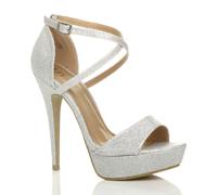 AJVANI Women's High Heel Crossed Straps Platform Glitter Mesh 2 Part Heels in Silver | Size: 5 AJVANI Silver 5