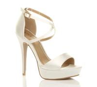 AJVANI Women's High Heel Crossed Straps Platform Satin 2 Part Heels in Ivory | Size: 6 AJVANI Ivory 6