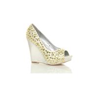 AJVANI Women's High Wedge Heel Embellished Gem Peep Toe Court Shoes in Ivory | Size: 6