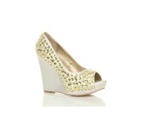 AJVANI Women's High Wedge Heel Embellished Gem Peep Toe Court Shoes in White | Size: 7
