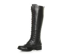 AJVANI Womens ladies low heel flat chunky zip lace up calf knee high military biker boots size