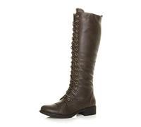AJVANI Womens ladies low heel flat chunky zip lace up calf knee high military biker boots size