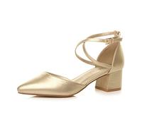 AJVANI Womens Ladies mid Block Heel Cross Strap Evening Mary Jane Court Shoes Size 7 40 Gold