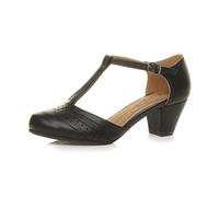 Ajvani Womens Ladies mid Block Heel t-bar Cut Out Buckle Brogue Shoes Sandals , Black Matte, 8 UK