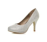 Ajvani Womens Ladies mid high Heel Platform Work Evening Court Shoes Pumps, 5 UK, Silver Glitter Mesh