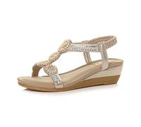 AJVANI Womens ladies mid wedge heel diamante t-bar beads elastic slingback sandals size