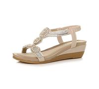 AJVANI Womens ladies mid wedge heel diamante t-bar beads elastic slingback sandals size