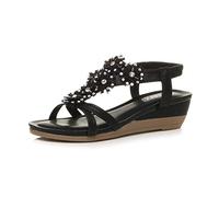 AJVANI Womens ladies mid wedge heel flower diamante t-bar strappy slingback sandals
