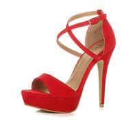 Ajvani Womens Ladies Platform high Heel Peeptoe Cross Over Strappy Shoes, 4 UK, Red Suede