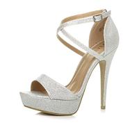 Ajvani Womens Ladies Platform high Heel Peeptoe Cross Over Strappy Shoes, 5 UK, Silver Shimmer