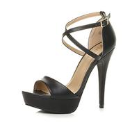 Ajvani Womens Ladies Platform high Heel Peeptoe Cross Over Strappy Shoes , Black Matte, 6 UK