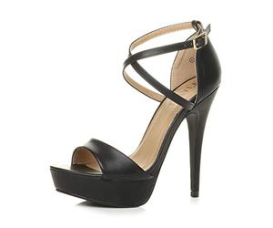 Ajvani Womens Ladies Platform high Heel Peeptoe Cross Over Strappy Shoes , Black Matte, 6 UK