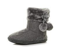Ajvani Womens Ladies Winter pom pom Fur Lined Knitted Ankle Slipper Boots , Grey Glitter Knitted, 7 UK
