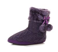 Ajvani Womens Ladies Winter pom pom Fur Lined Knitted Ankle Slipper Boots, Purple Glitter Knitted, 6 UK