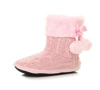 Ajvani Womens Ladies Winter pom pom Fur Lined Knitted Ankle Slipper Boots Size, Pink Glitter Knitted, 4 UK