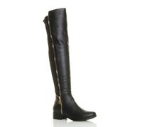 AJVANI Women's Low Block Heel Elastic Gold Zip Knee High Boots in Black | Size: 7 AJVANI Black 7